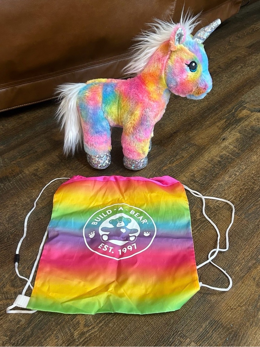 Build-A-Bear Rainbow Unicorn Plush with Musical Sound & Rainbow Drawstring Bag